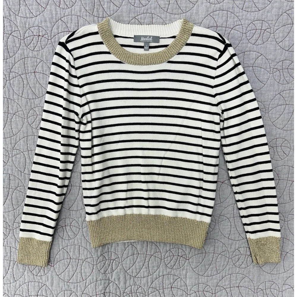 Marled‎ By Reunited Metallic Gold Trim Black White Striped Knit Sweater / Small